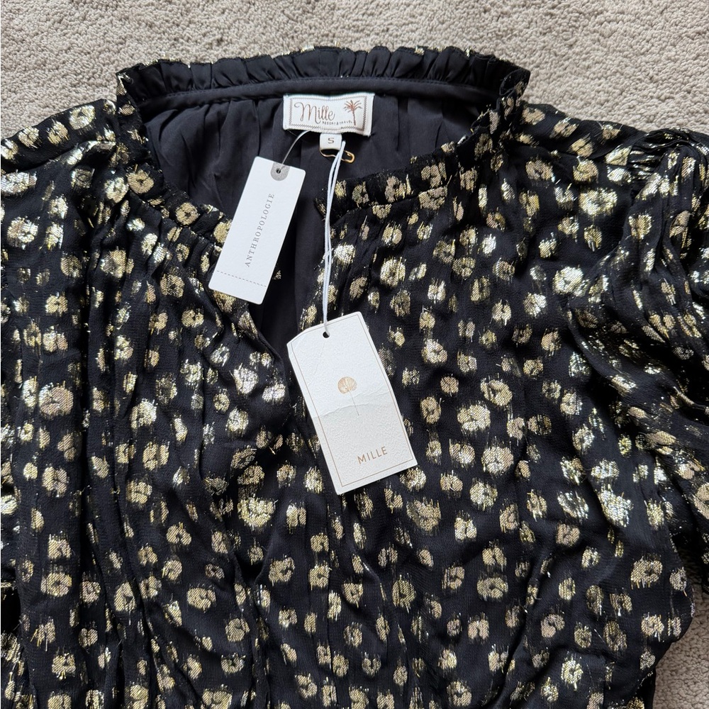 Mille anthropology black tulle dress with gold polkdots - Picture 2 of 8